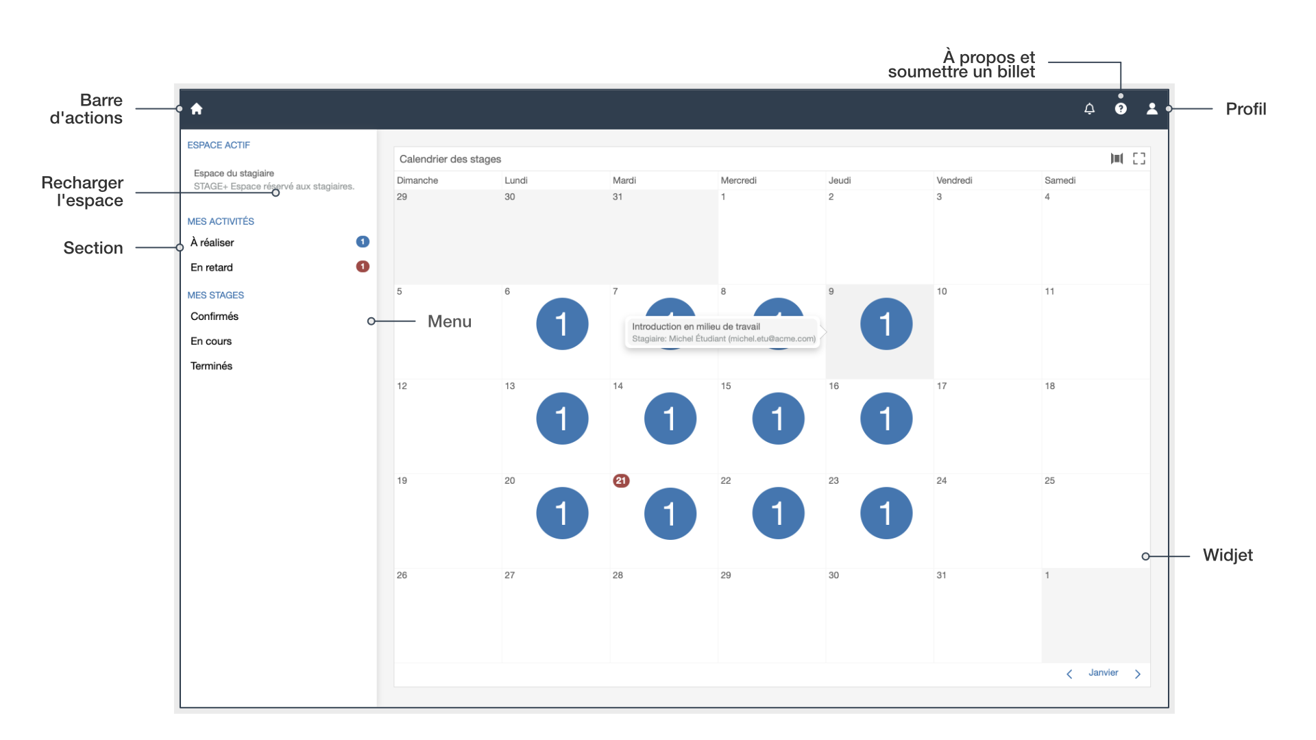 Espace du stagiaire sur la plateforme STAGE+.