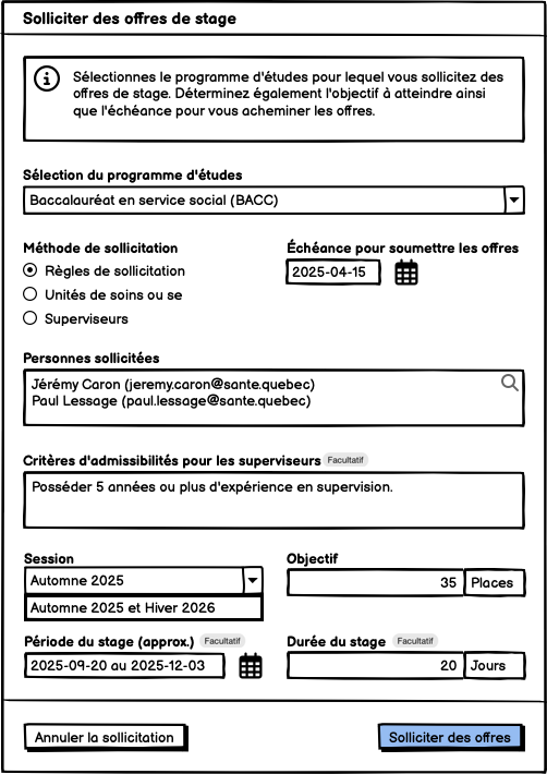 Dialogue de sollicitation d'offres de stage sur la plateforme STAGE+